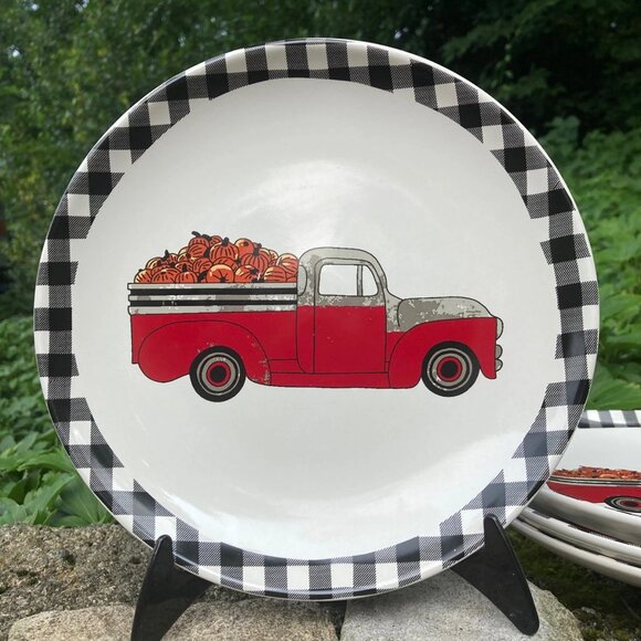 New Porcelin Salad Plate Firetruck and Pumpkins Fall Seasonal Decorations  AA389 - Picture 1 of 1